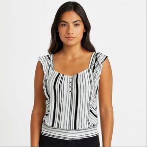 BCX Striped Flutter Sleeve Top RARE Beach Boho Button Classic Gift Spring Summer